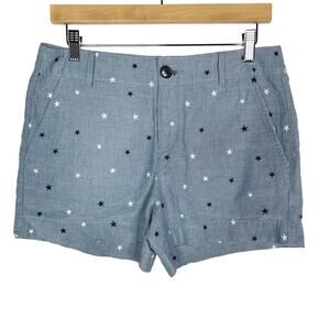 New LOFT Size 2 Blue Star Print The Washed Twill Short 4" Inseam Chambray